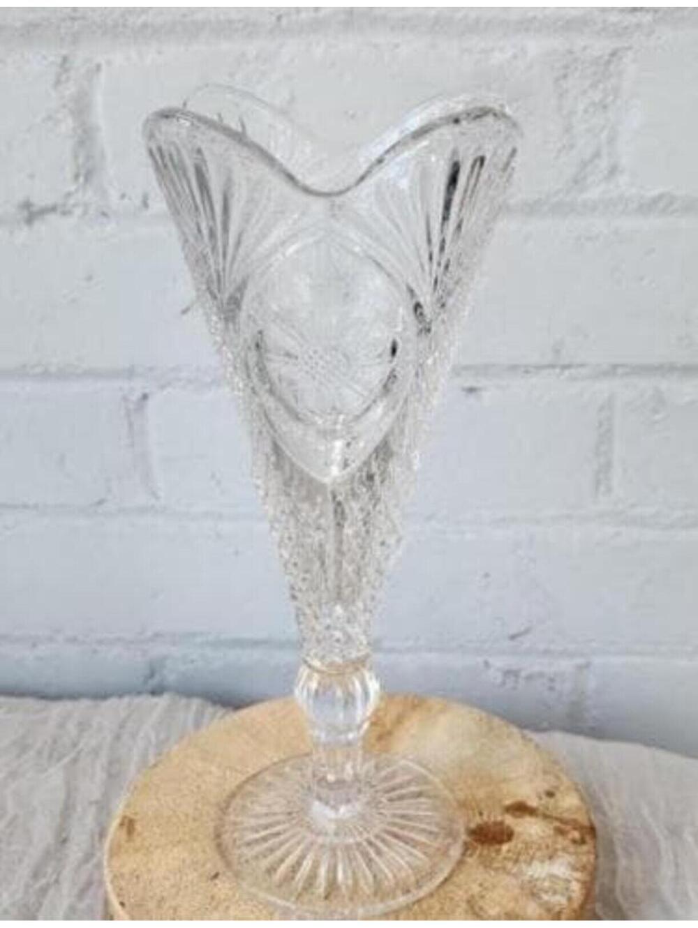 Vintage Cut Glass Vase – Clear Crystal Style Pedestal Vase